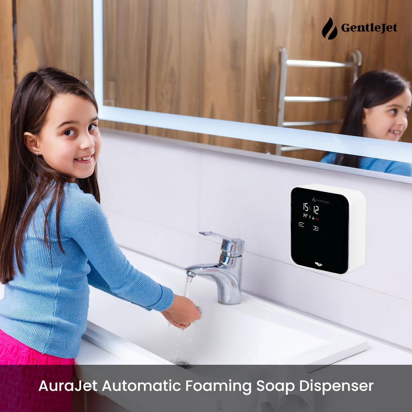 GentleJet AuraJet Automatic Foaming Soap Dispenser, LED Display, Aluminum Alloy Body, 5 Foam Levels Adjustable, USB-C or Battery Powered, 16.2 oz Automatic Soap Dispenser Touchless Wall Mount