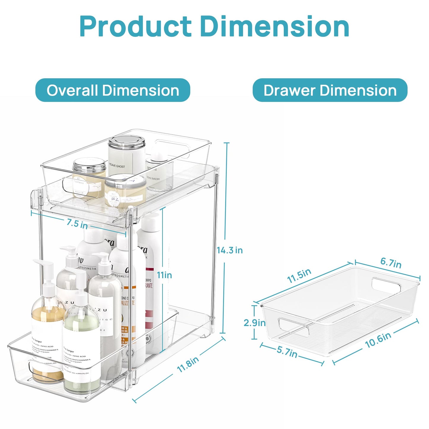Vtopmart 4 Pack Higher Bathroom Organizer, 2 Tier White Under Sink Organizers Vanity Countertop Storage Container,Cabinet Drawers Bins, Pull-Out Organization with Track for Pantry, Kitchen