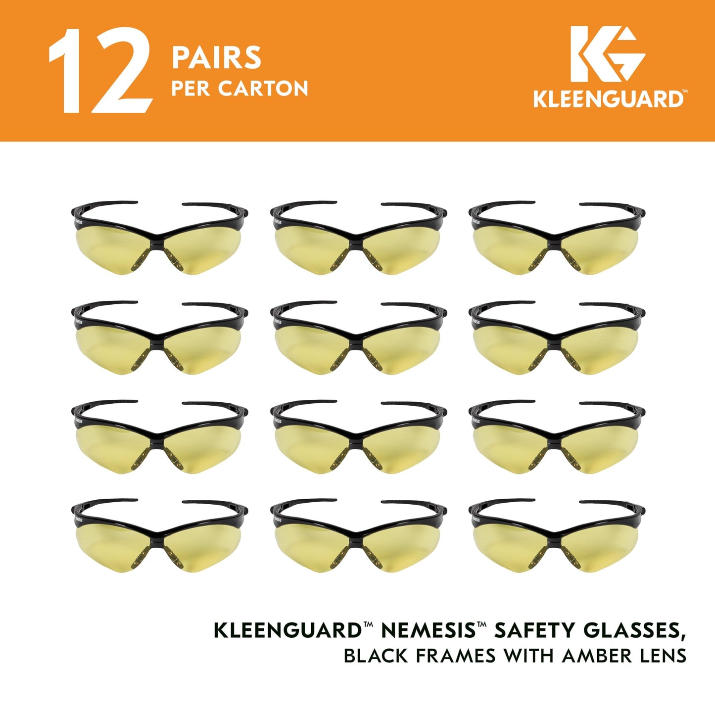 KleenGuard™ V30 Nemesis™ Safety Glasses (25659), Amber (Yellow) Lenses, Black Frame, Unisex for Men and Women (Qty 12)