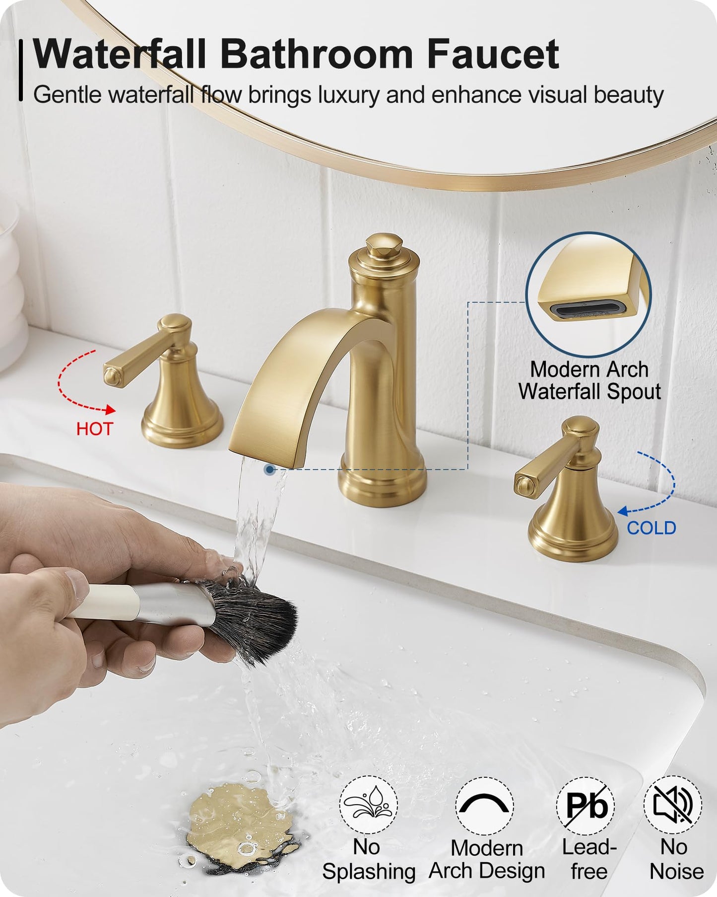 HEYMYTAP Brass Bathroom Waterfall Faucet, 4-16 Inch Brushed Gold Bathroom Faucet Widespread Bathroom Sink Faucet, 2 Handles Bathroom Faucets for Sink 3 Hole with Pop Up Drain, Water Hoses