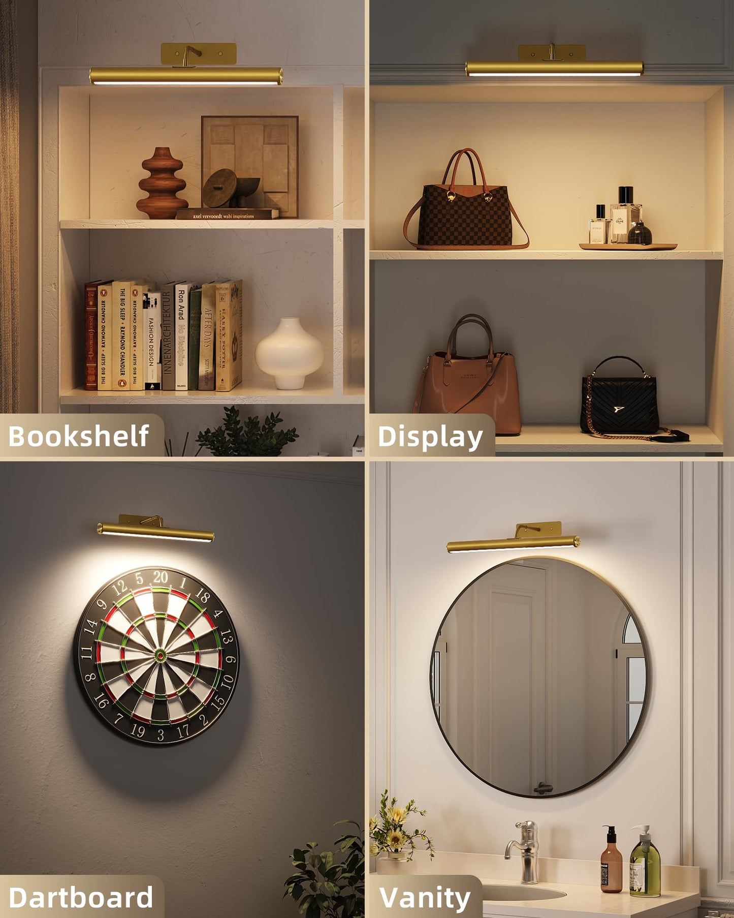 EZVALO Picture Lights for Wall, 16" Rechargeable 6000mAh Painting Lights with Remote, Wireless Dimmable 3 Color Temps Art Lights for Gallery, Living Room, Hallway (Gold, 2Pack)