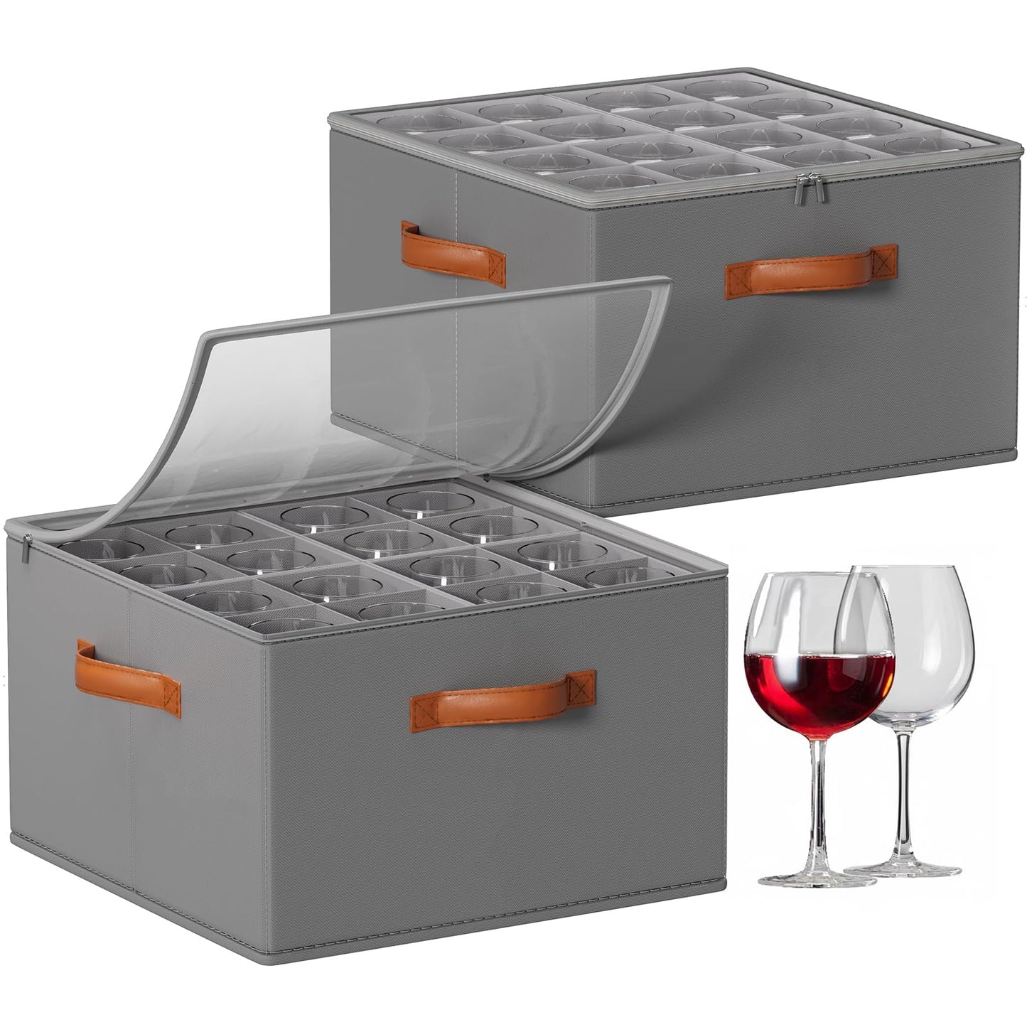 Foyego Wine Glass Storage Box with Dividers, 2 Pack Glassware Storage Containers, Stemware Storage Cases Holds 32 Wine Glasses, Stackable Crystal Storage Containers with Clear Cover for Moving, Gray