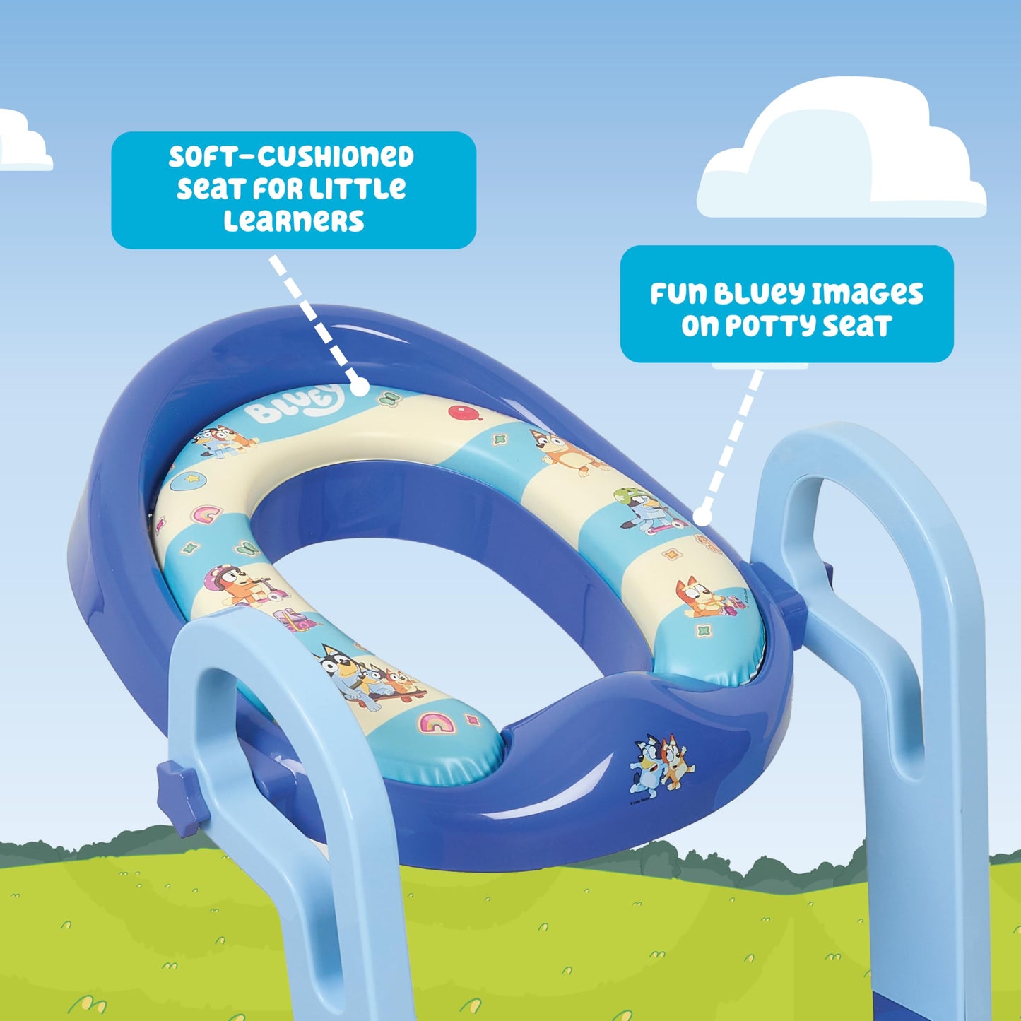 Bluey Step & Sit Potty Trainer; Secure Ladder for Kid-Safe Climbs to Potty; Fun Bluey Images on Cushioned Potty Seat; Adjustable Ladder Height; Removable Seat for Cleaning; Folds for Storage