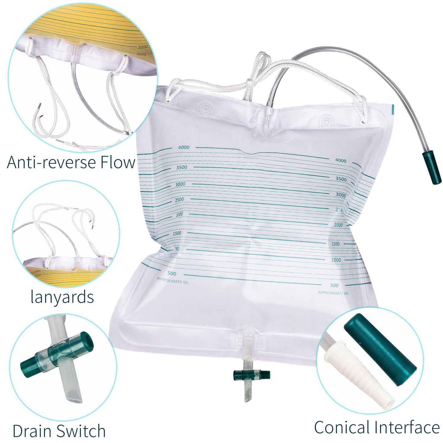 10 Packs 4000mL Urinary Drainage Bags,Overnight Drain Bags with Anti-Reflux, Extra Large Volume Urine Bag, Urinal Collector Urinary Bags