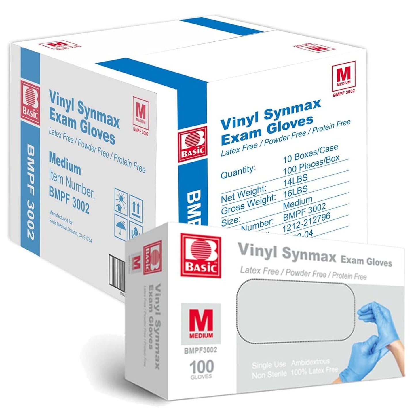 INTCO Basic Medical Synmax Vinyl Exam Gloves,Disposable Gloves - Latex-Free & Powder-Free for Medical,Cleaning,Food Safe - Medium, BMPF-3002(Case of 1000,Blue)