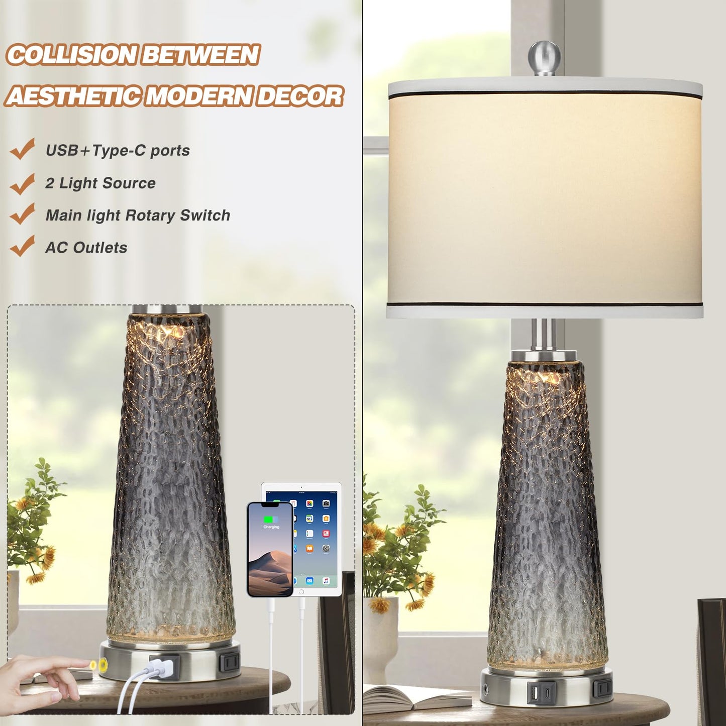 Glass Table Lamp Set of 2, 26" Modern Table Lamps with USB A+C Ports & AC Outlet, Touch Control Bedside Nightstand Lamp with LED Night Light for Living Room Bedroom Home Decor Black(4 Bulbs Included)