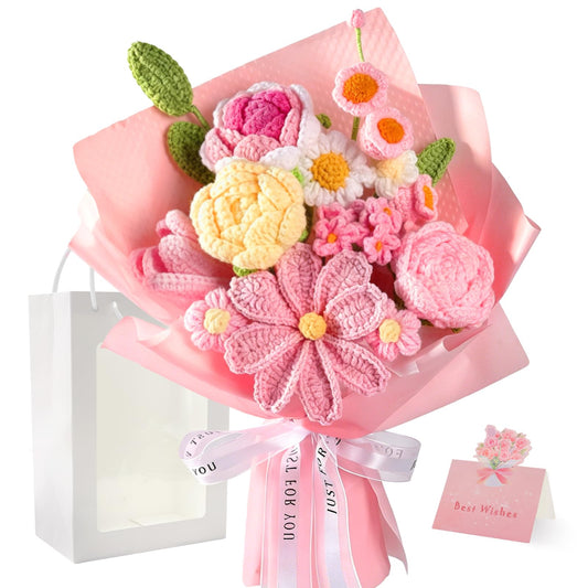 Crochet Flower Bouquet Pink, Handmade Knitted Floral, Crochet Tulips Galsang Flower for Women Mom Wife Girlfriend for Mother's Day Valentine's Day Birthday Anniversary Graduation with Gift Bag & Card