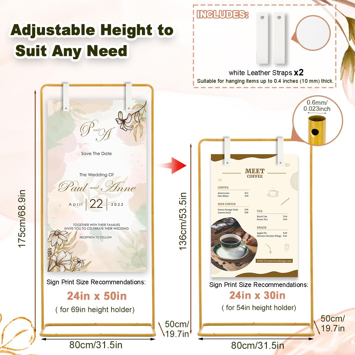 Fullvaseer Wedding Sign Holder,Adjustable Welcome to Our Wedding Sign Stand with 2 Leather Sign Hanging Straps,Wedding Seating Chart Stand for Party,Baby Shower,Graduation Ceremony(Posters Excluded)