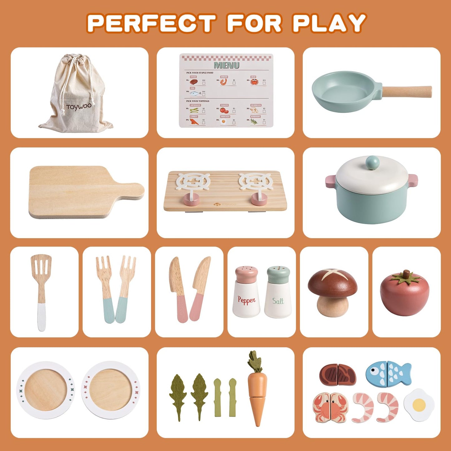 Wooden Play Kitchen Accessories Pretend Toy Pots and Pans Sets for Kids Kitchen Playset with Toy Stove Toddler Cooking Sets Food Toys for Toddlers 3-5 Gifts for Girls Boys (Wooden Cooking Set)
