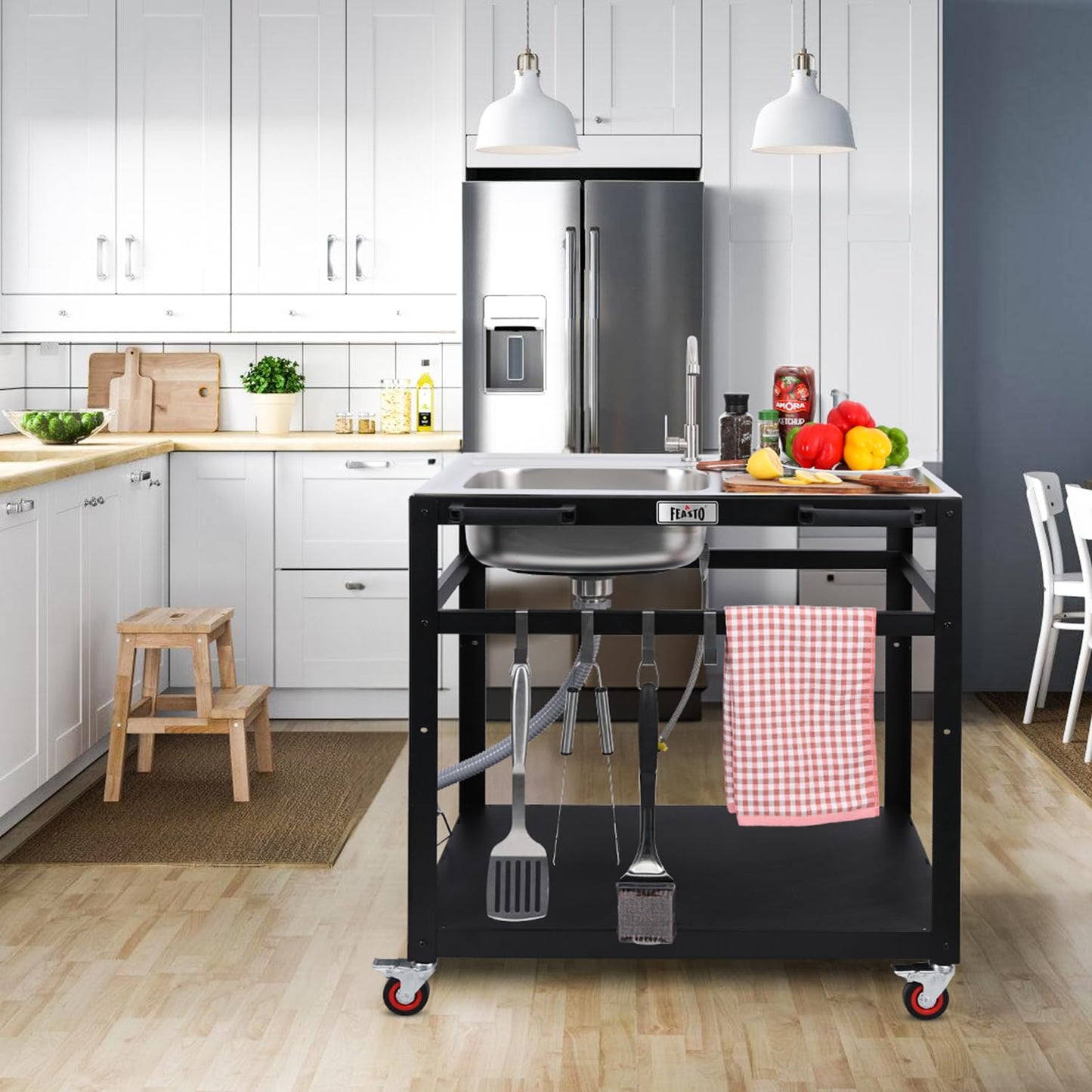 35” Outdoor Grill Cart with Sink, Outdoor Kitchen Sink Station with Hose Hook Up, Free Standing Sink with Wheels, 304 Stainless Steel Sink with Single Bowl, Outdoor Utility Sink with Faucet