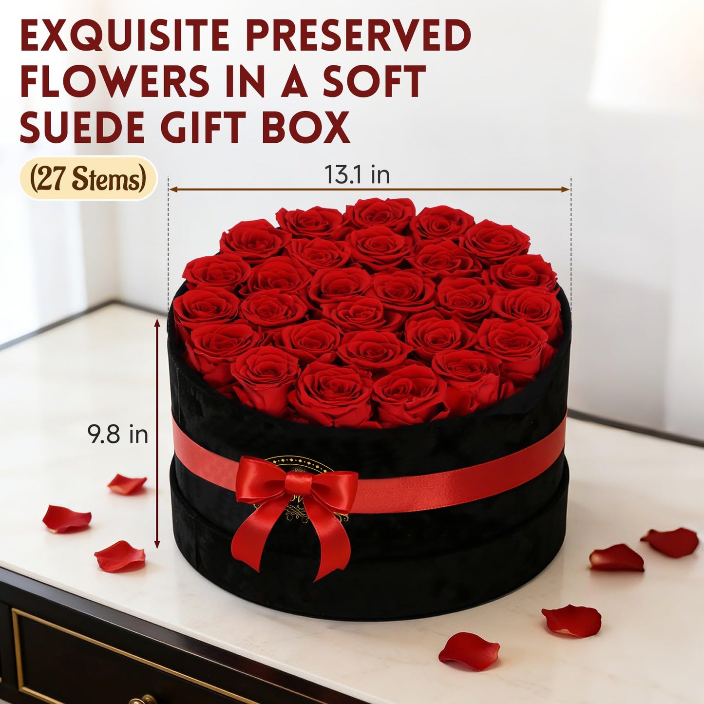 27 Forever Preserved Roses in a Box, Forever Gift for Women, Flowers in a Luxury Suede Container, Birthday Preserved Flowers for Mom, Mothers Day Red Rose Box