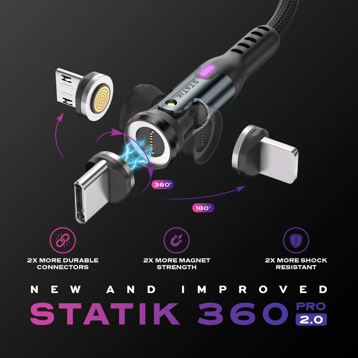 Statik 360 Pro Magnetic Charging Cable - Type C Charger Fast Charging 3 in 1 USB C to USB C Cable, Micro USB & iProduct Tips, USB A Adapter, Fits All Devices - 100W Fast Charger, Black 6FT/2M, 3 Pack