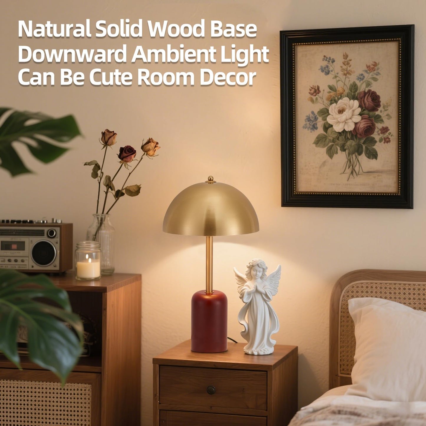 NUSRAN Bedside Table Lamp for Bedroom, Modern Plug in Brass Gold Shade & Cylindrical Wood Base Desk Lamp, Plug & Play Nightstand Lamp with Switch Power Cord for Living Room, Office 【Bulb Included】