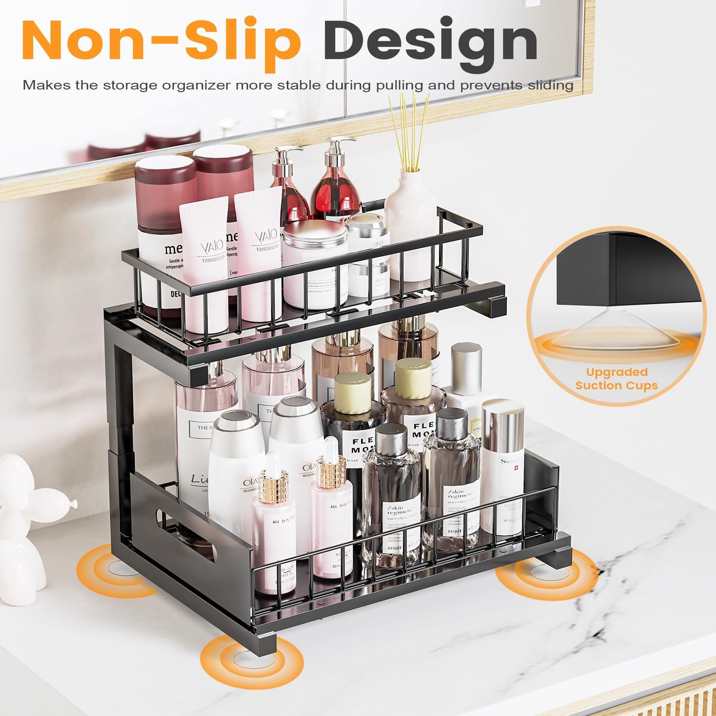 Toyear Under Sink Organizer, Heavy Duty Metal Pull Out Cabinet Organizer Slide Out Sink Shelf Organizer Height Adjustable, Multi-Purpose Storage Shelf for Kitchen Bathroom(Black,2Pack)