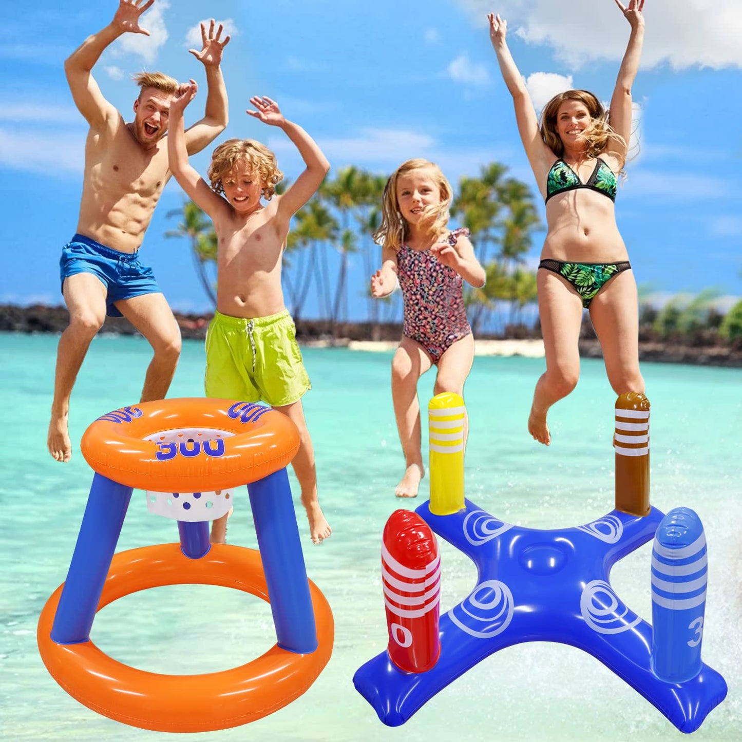 Gemle Pool Toys Games Set,Pool Basketball Hoop Inflatable Cross Ring Toss Game and Inflatable Cactus Kids for Teens Adults and Family (3 Set Water Toys)