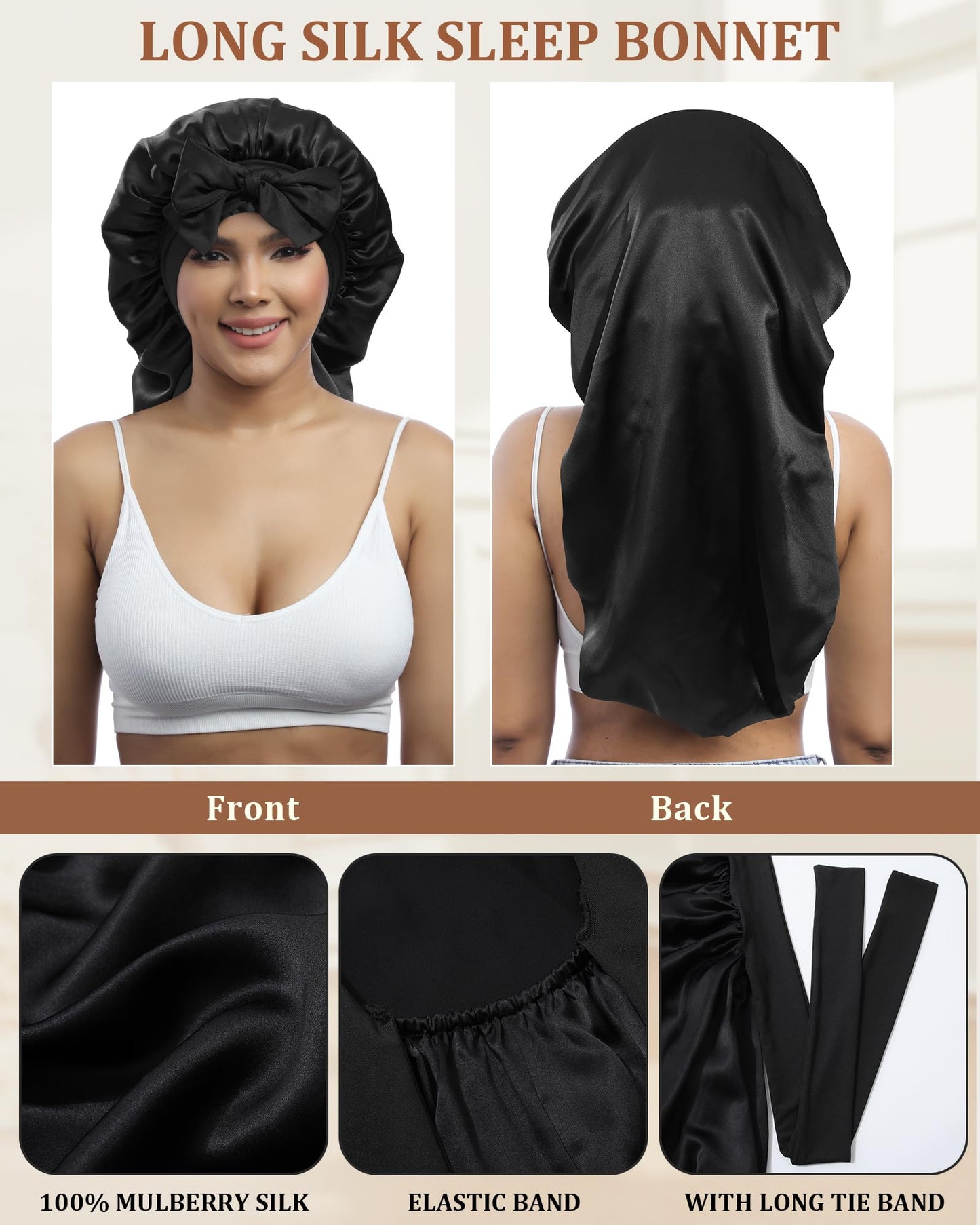 AWAYTR Long Silk Bonnet for Sleeping - 100% Mulberry Silk Bonnet for Women Long Hair Sleep Cap with Elastic Tie Band (Black)