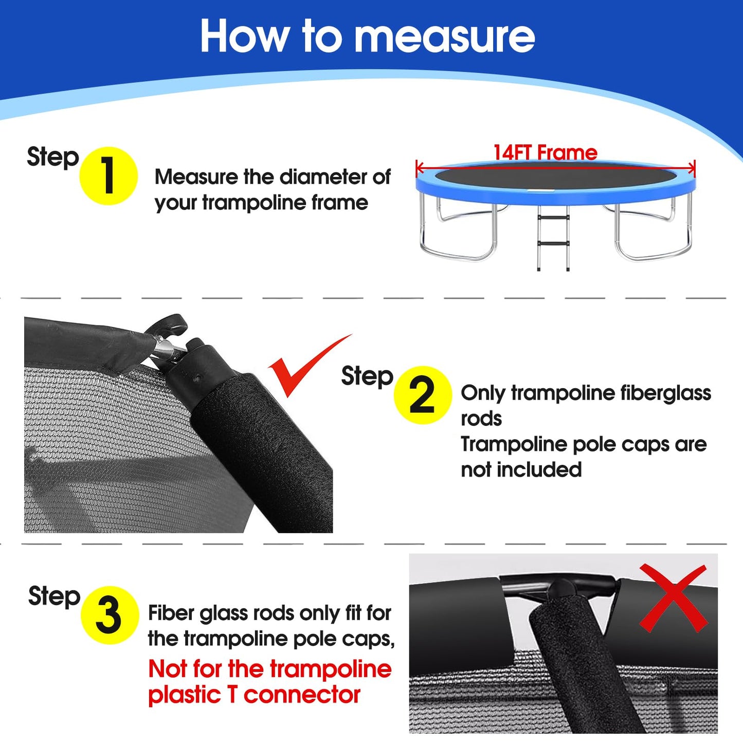 Universal Trampoline Fiber Glass Rods to Replace The Top Ring of Net Enclosure, Fiberglass Poles for 14Ft Frame with Tube Caps, Not for The Plastic T Connector