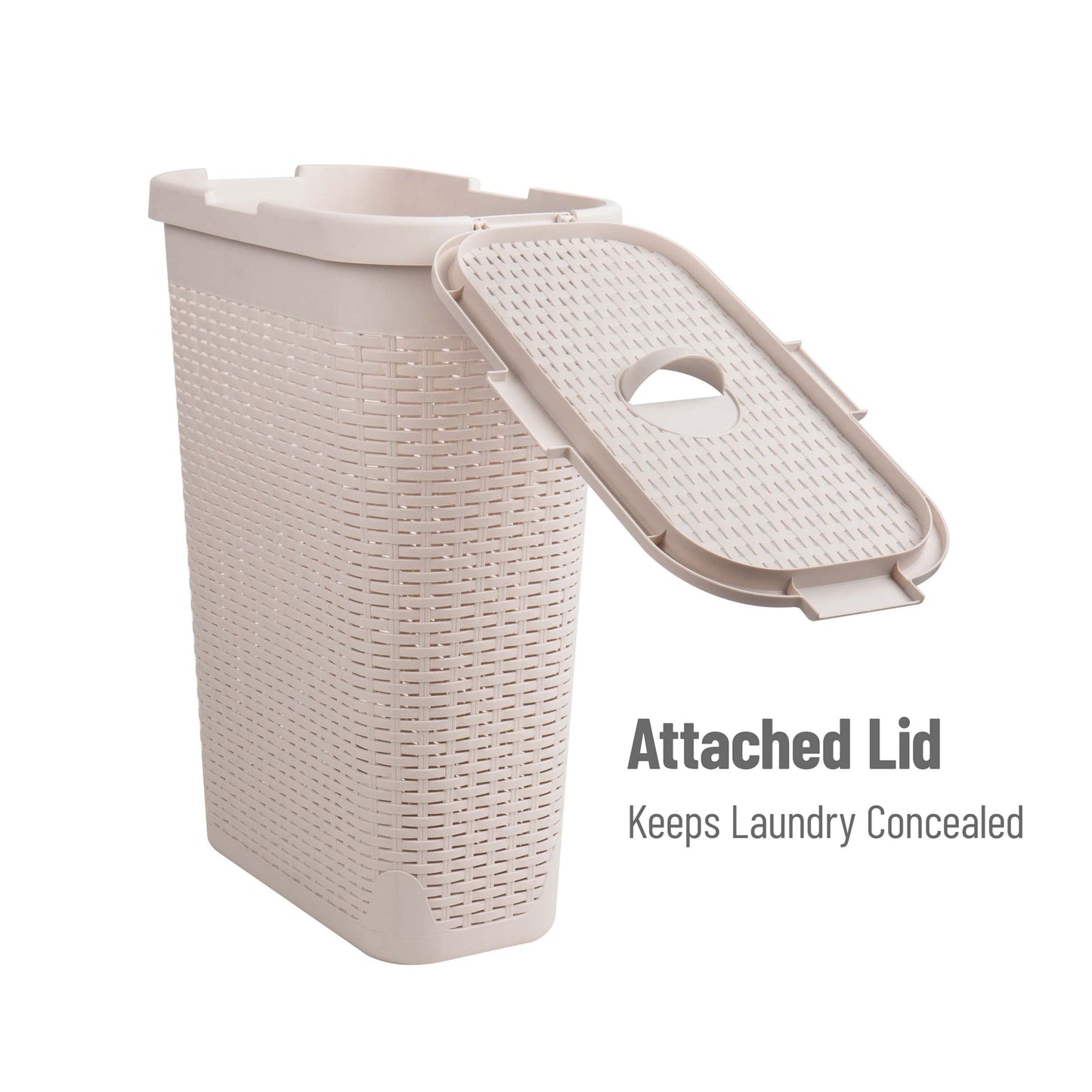 Mind Reader Slim Laundry Hamper with Lid, 40L Clothes Basket, Narrow Tapered Design with Ventilated Cutout Pattern, Plastic, Set of 2, Ivory