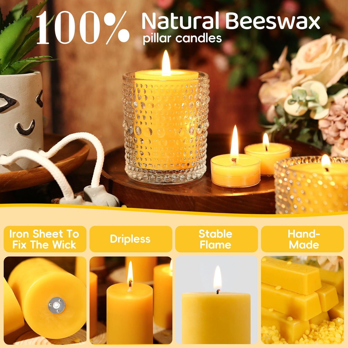 12 Pack Beeswax Candles,384 Hours Total Burn Time-2x3in,100% Pure Beeswax Pillar Candles,Unscented Bees Wax Candles for Home,Prayer,Emergency,Dripless Smokeless Pillar Candles Bluk