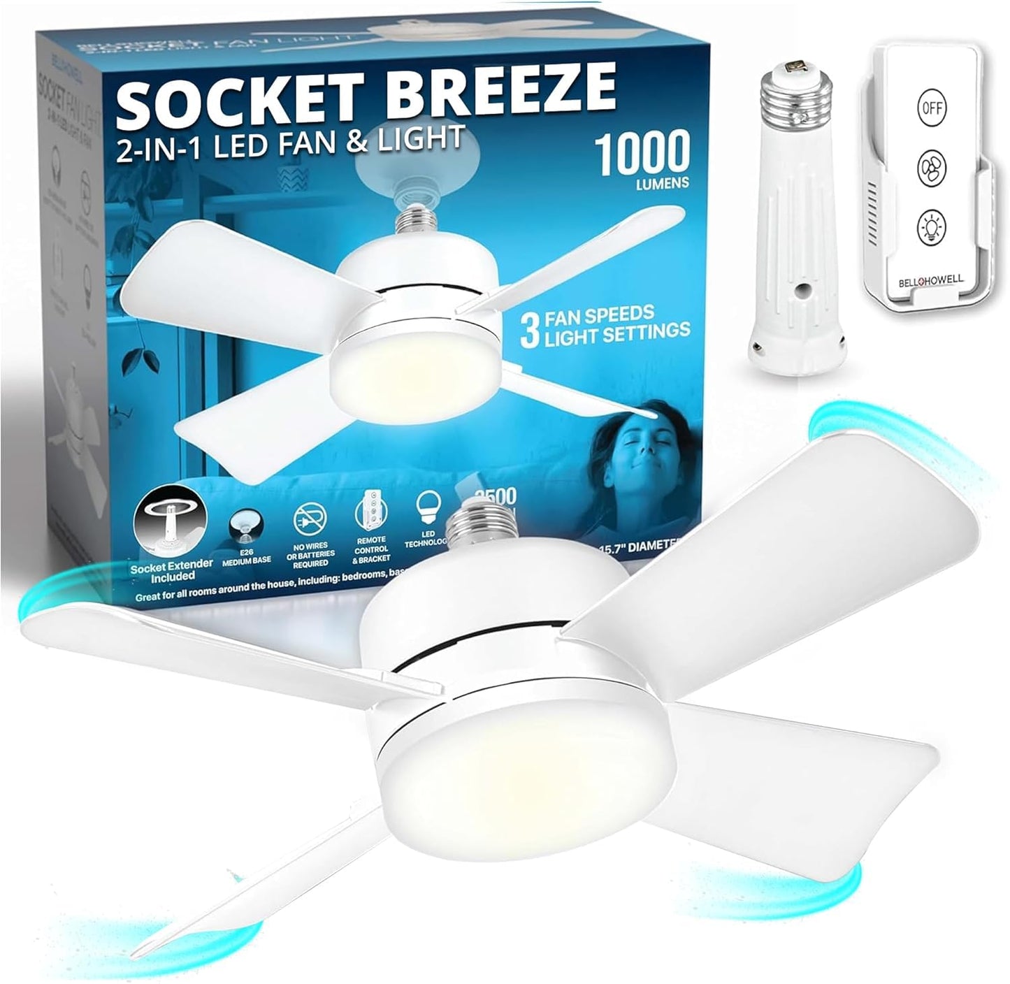 Bell+Howell Socket Breeze 15.4" Socket Fan Light, 5-Speed Deluxe Model – Portable Low Profile Ceiling Fans with Lights and Remote Control – For Bedroom, Kitchen, Living Room