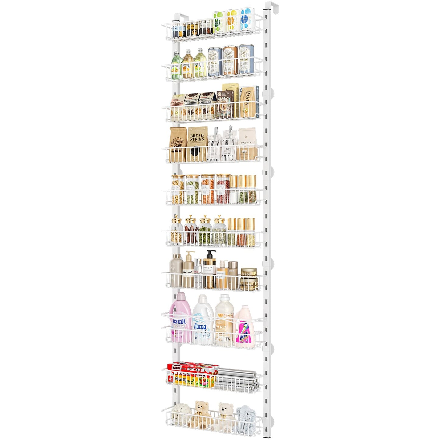 MIAOLI Over the Door Pantry Organizer, 10-Tier Adjustable Spice Rack Cabinet Door Shelves, Hanging Seasoning Organizer for Kitchen Bathroom, Laundry Room Organization, White