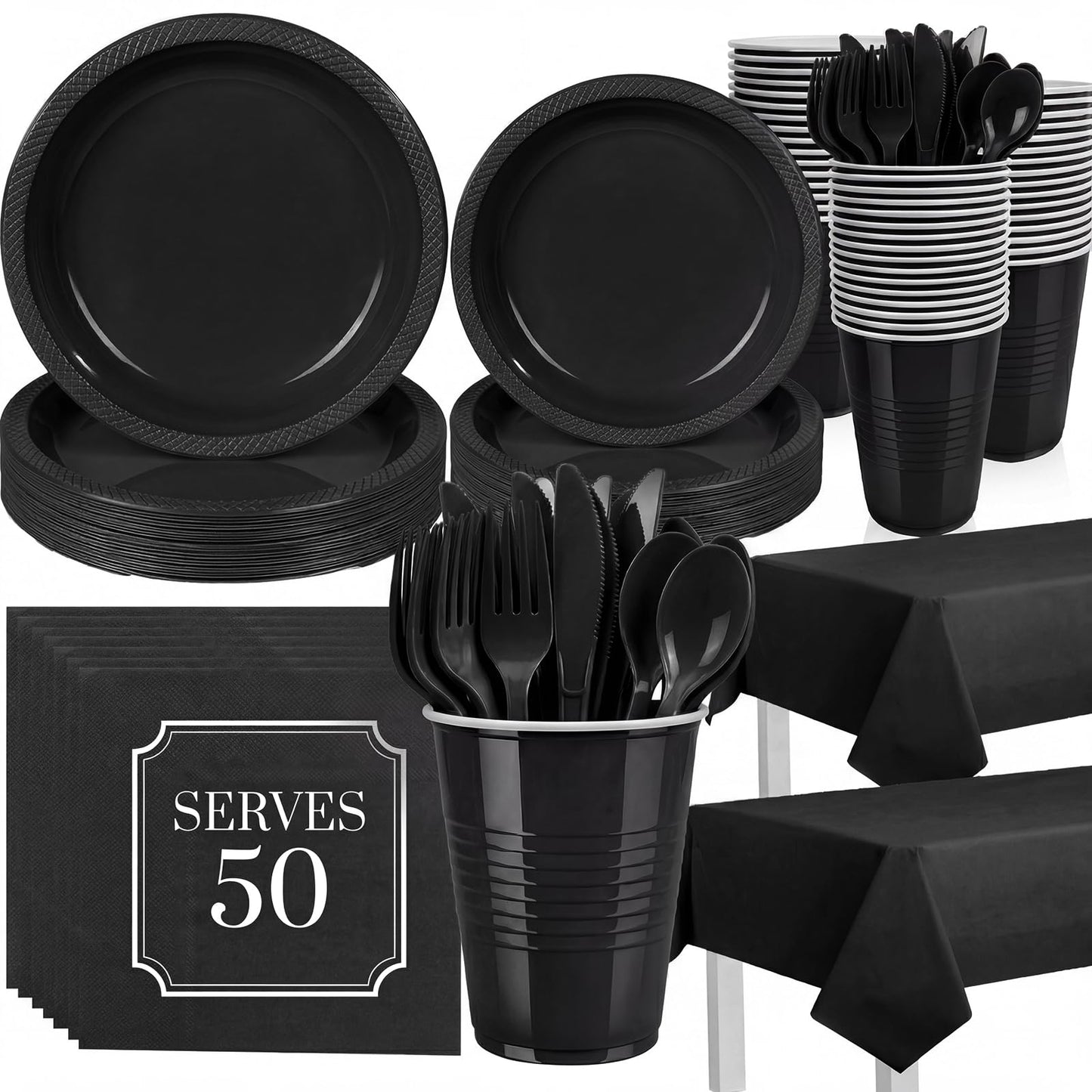 352 Pcs Black Plastic Plates Party Set, 50 Guests Disposable Dinnerware Set with Black Tablecloths, Elegant Black Plastic Plates Party Set for Wedding/Corporate Event/Formal Dinner/Gala