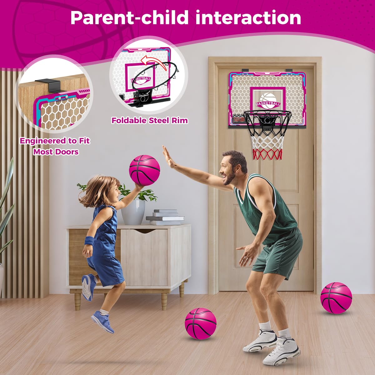 VATOS Basketball Hoop for Girls Indoor, Pink Remote Control Basketball Hoop with Electronic Scoreboard, Mini LED Basketball Hoop Basketball Set Toys Birthday Gifts for 3 4 5 6 7 Years Old Kids Girls