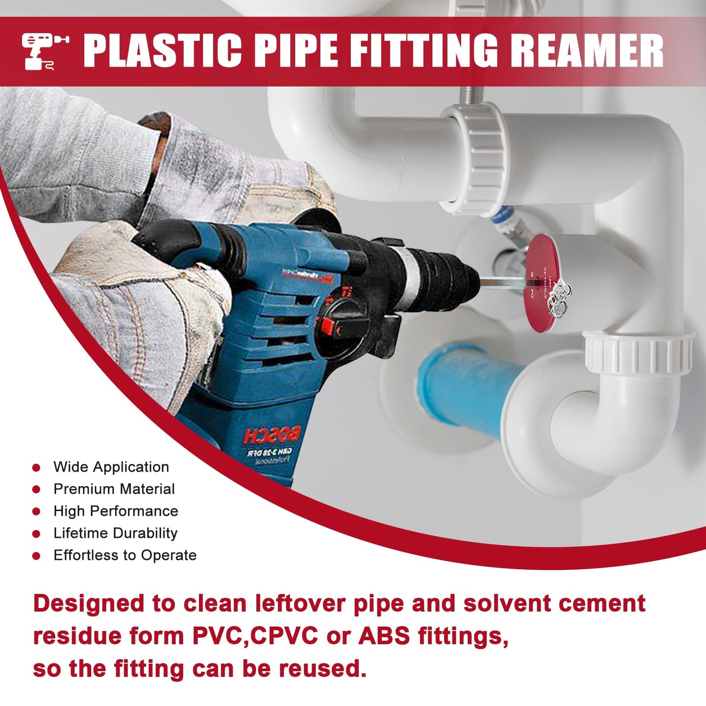 PVC Pipe Reamer, 6 Piece Plastic PVC Pipe Fitting Saver Kit Fit into Standard 1/2" Drills PVC Socket Saver Tool Contains 3/4inch, 1inch, 1-1/2inch, 2inch, 3inch, 4inch Head
