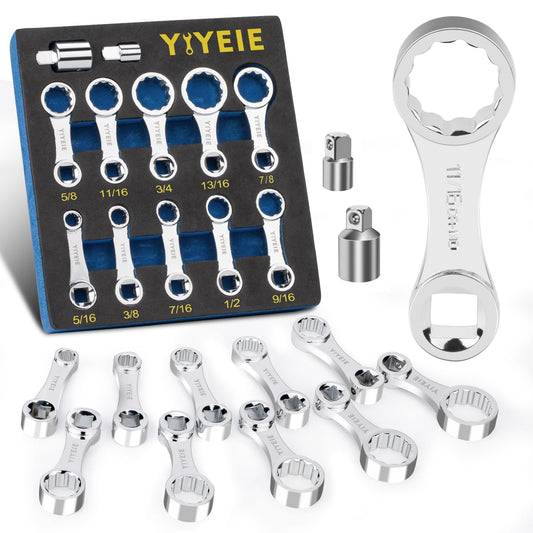 YIYEIE 12PCS Torque Adapter Set SAE, 5/16", 3/8", 7/16", 1/2", 9/16", 5/8", 11/16", 3/4", 13/16", 7/8", 3/8" Drive Torque Wrench Adapter, 12 Point Torque Extender Adapter with 1/2" + 1/4" Adapter
