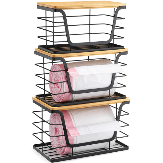 ALOCEO 3 Pack Stackable Storage Bins with Lids, Stainless Steel Trash Bag Dispenser Roll Holder for for Kitchen Sink, Laundry, Pantry Organizer and Storage