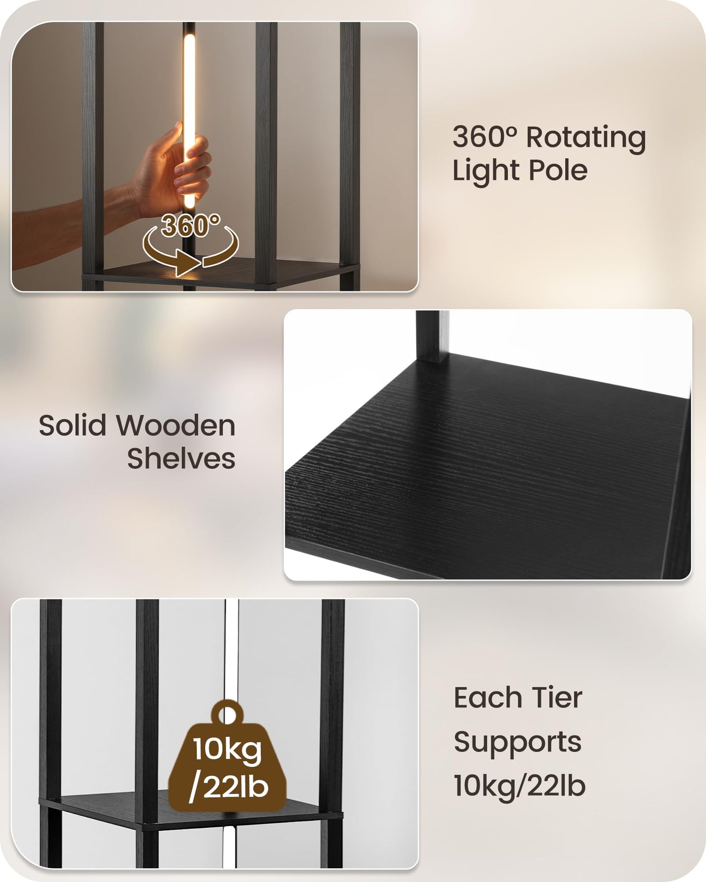 64.2" Display Shelf with Light, Modern Corner Floor Lamp with Shelves, 3000K-6000K LED Dimmable Standing Lamp with Remote for Living Room, Bedroom, Office, Adjustable CCT, Black Square B51LD05