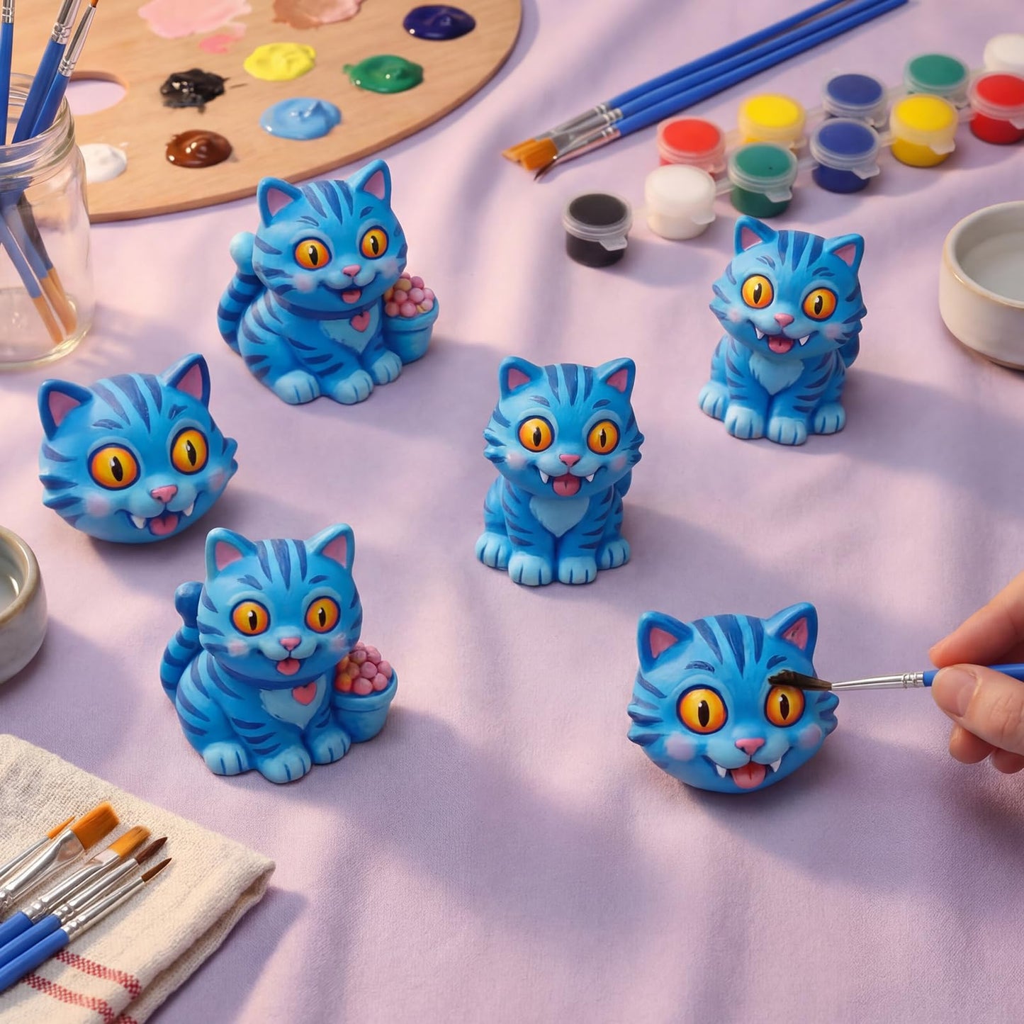 Jenaai 6 Pcs Kpop Theme Party Cat Ceramic Painting Kit DIY Blue Cat Gypsum Figurine Paint Craft Paint Your Own Kitten Statue for Birthday Gifts Decoration Friendship Fans Favor