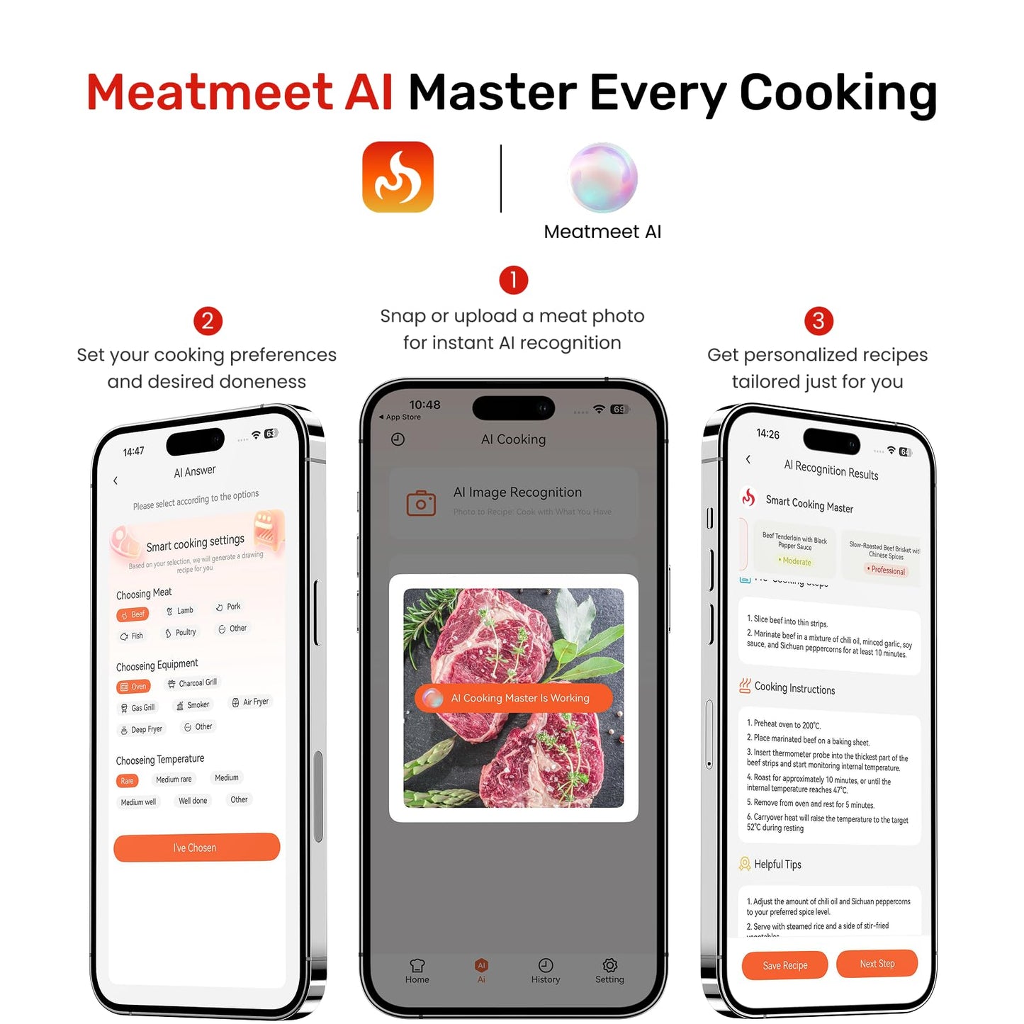 Meatmeet Wireless Bluetooth Meat Thermometer Digital, Smart AI Powered Cooking Thermomer with APP Control, IP69 Waterproof Meat Probe for BBQ, Oven, Grill, Smoker (S Pro)