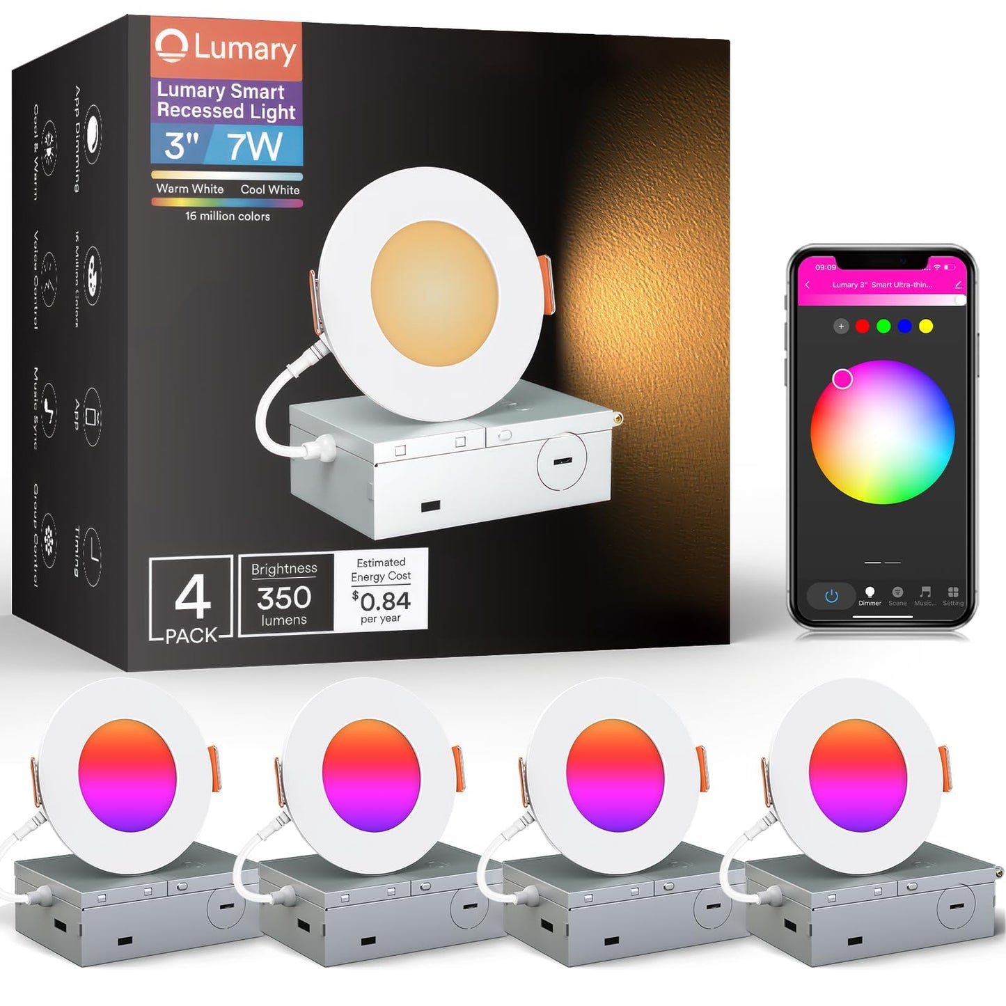 Lumary 3 Inch Smart LED Recessed Light, Ultra-Thin 7W WiFi Bluetooth Ceiling Downlight, Canless w/Junction Box, Whitie Shades Color Changing, Compatible with Alexa/Google/Remote-Not Included, 4 Pack