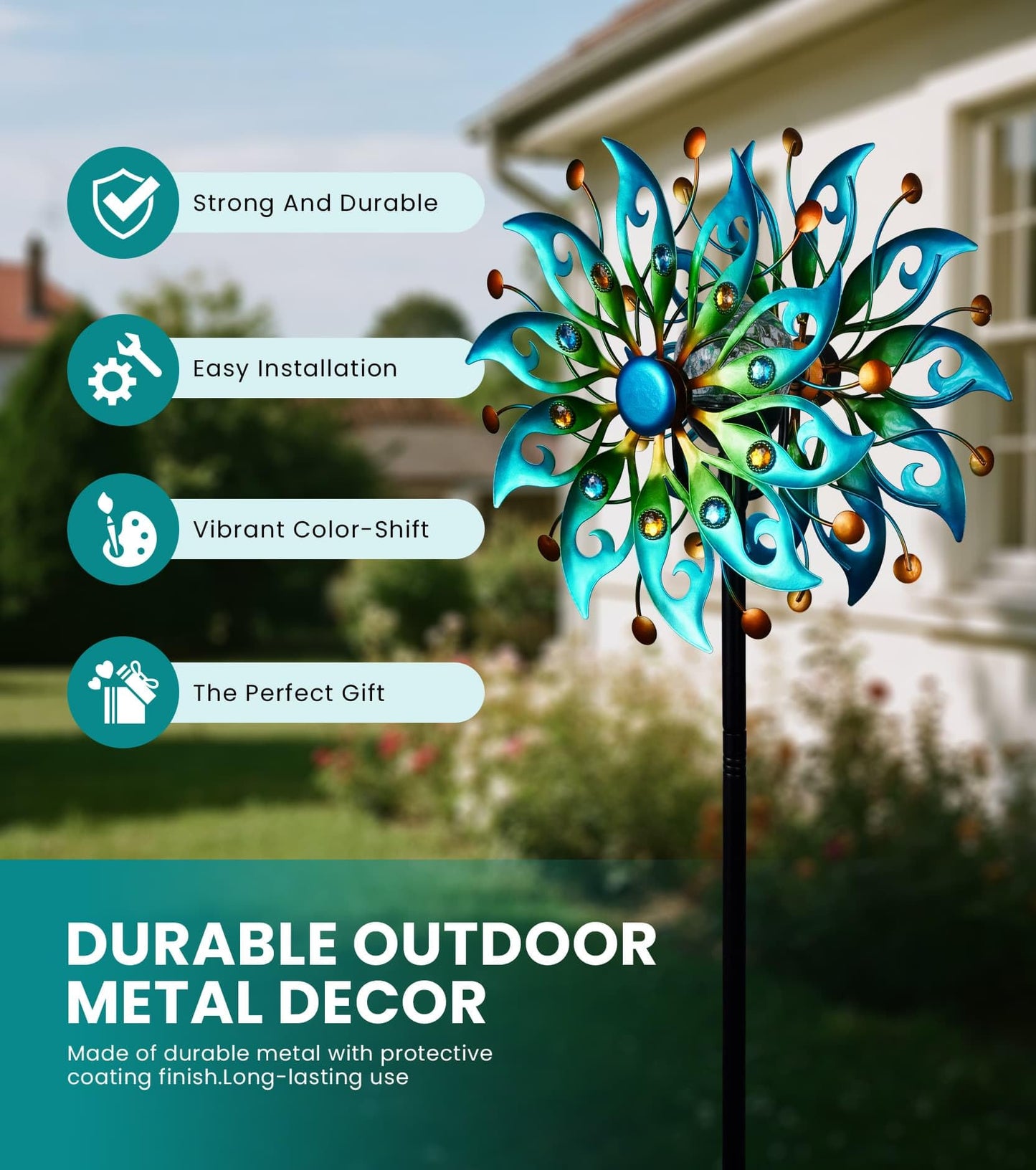VUFOZ Solar Wind Spinners Outdoor, Metal Kinetic Garden Art, Peacock Decor