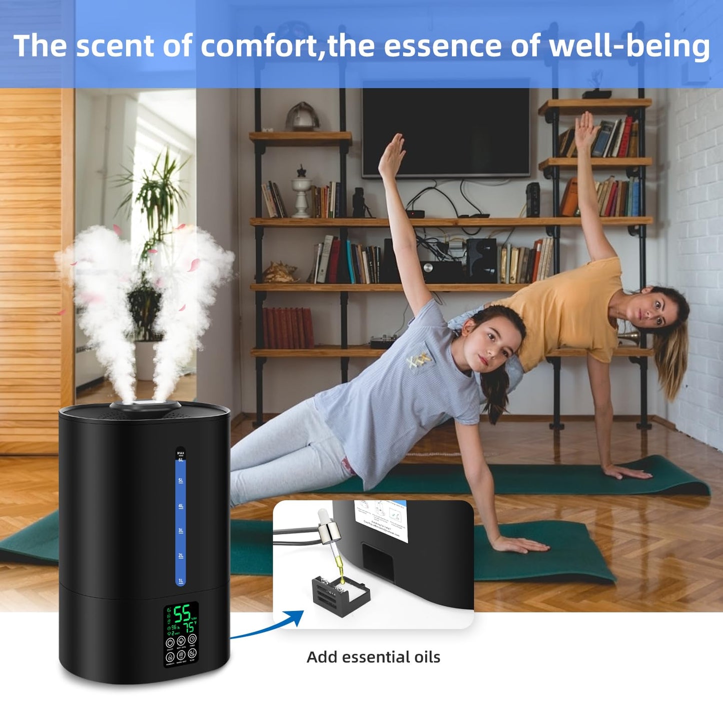 6L Humidifiers for Bedroom Large Room Home, Cool and Warm Humidifier for Plants Mist Top Fill Desk Humidifier Essential Oil Diffuser, Quiet Humidifiers with Adjustable Mist,360°Nozzle-Black