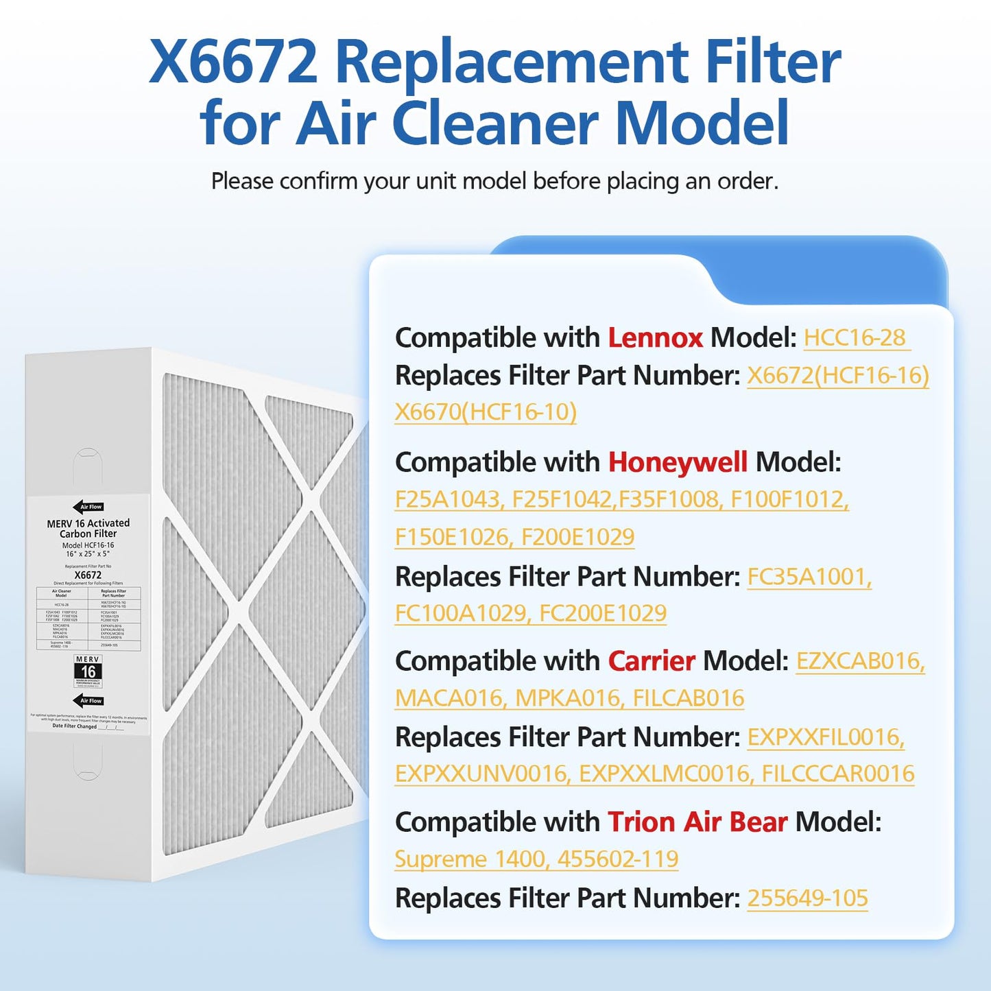 2 Pack X6672 16x25x5 MERV 16 Filter Compatible with Lennox X6672 and Lennox HCC16-28 Healthy Climate Carbon Clean MERV 16 Home Furnace Filter for HVAC System, Part Number HCF16-16, HCF16-10