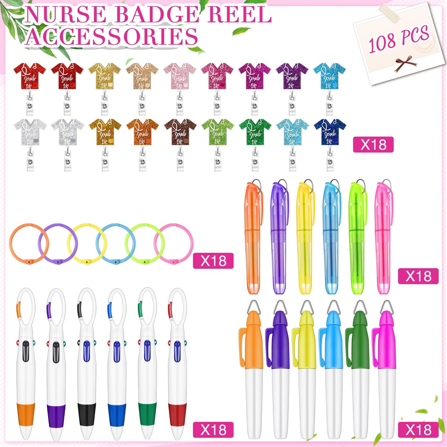 Lincia 90 Pcs Nurse Badge Reels Bulk Retractable Nurse Badge Accessories with Nursing Pens and Markers Set for Nurses Week Doctor Medical Assistant Appreciation Gifts(Uniform)