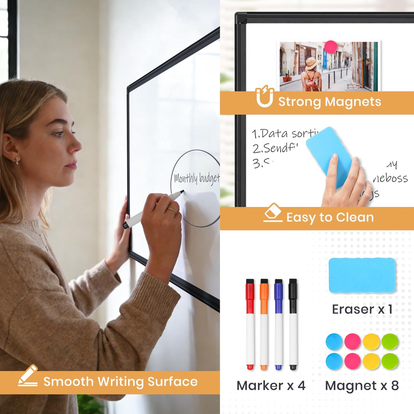 QUEENLINK Double Sided Magnetic White Board, 24"x18" Dry Erase Whiteboard for Wall with Aluminum Frame Presentation Board for School, Office and Home