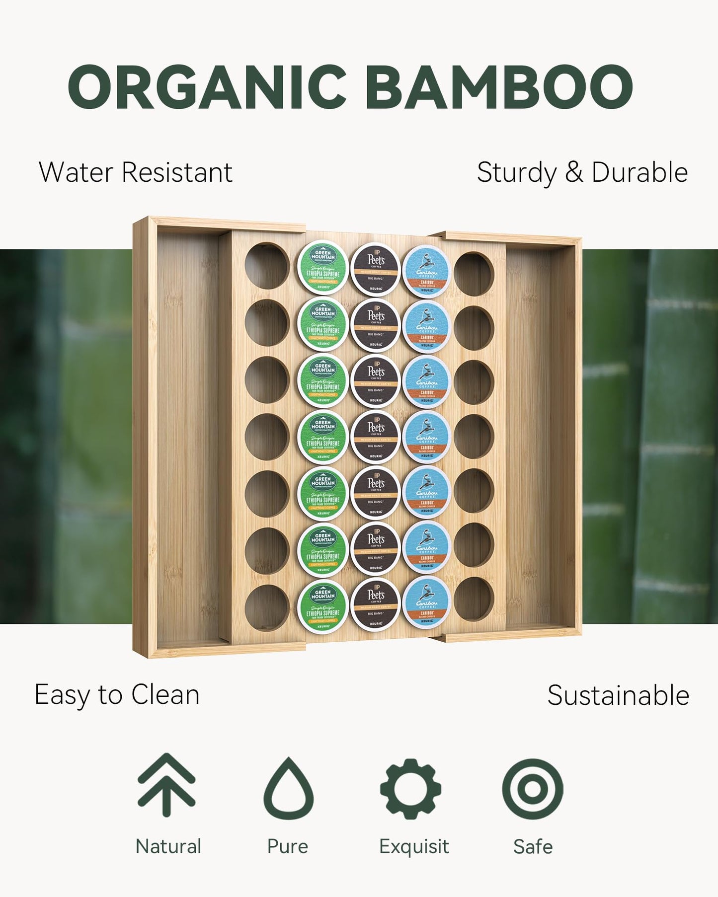 WELL WENG Larger Expandable Bamboo Coffee Pod Holder for Counter Drawer Display, 35 Pod Capacity, K-Cup Pods - Tea Bags Storage Organizer Holder (Bamboo)