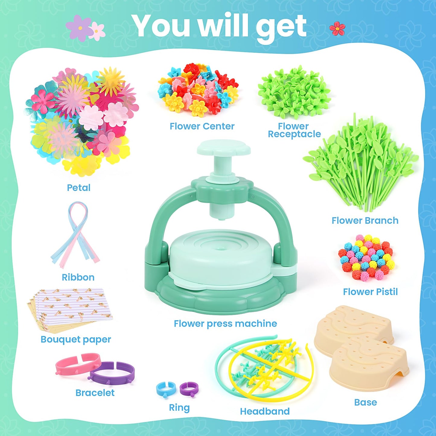 BIRANCO. Flower Bouquet Making Kit for Kids - Build Your Own Flower Market, Arts and Crafts Toys for Girls Ages 4-8, Educational Activity with Rich Accessories, Large