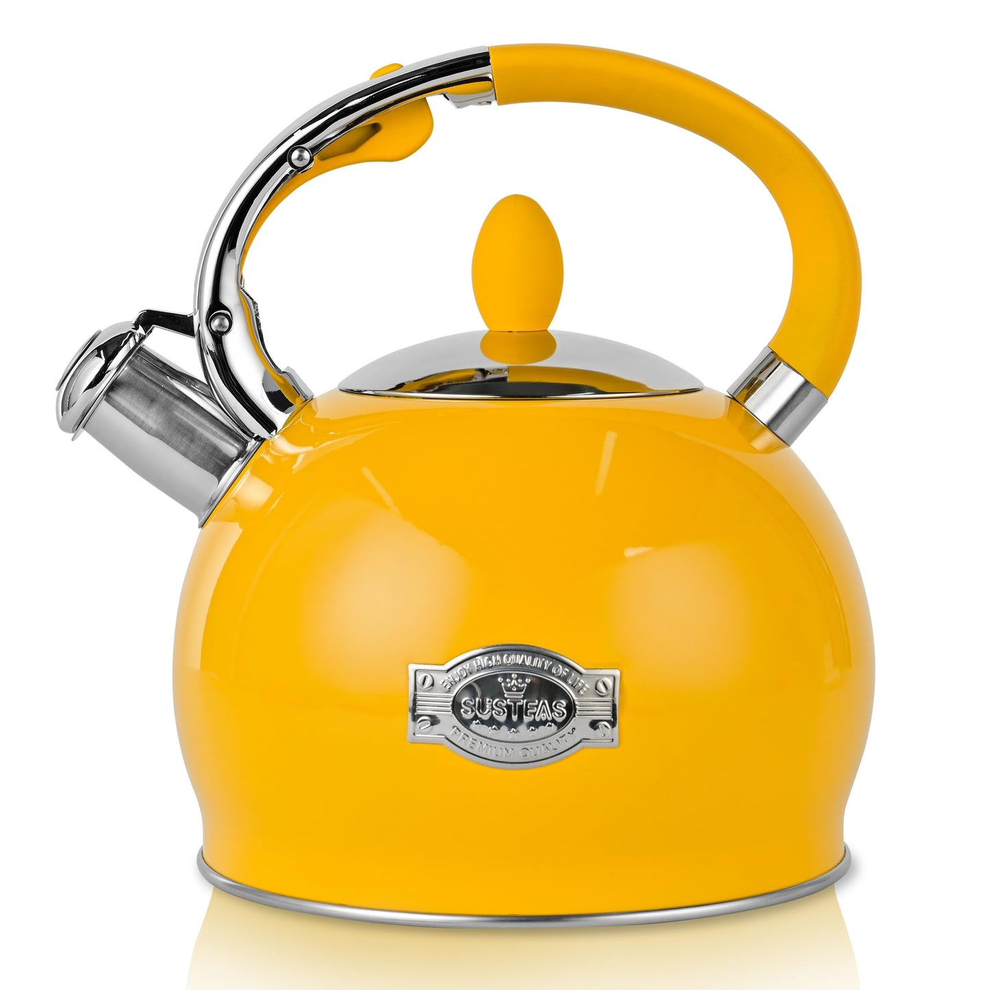 SUSTEAS Stove Top Whistling Tea Kettle - Food Grade Stainless Steel Teakettle Teapot with Cool Touch Ergonomic Handle, With 1 Silicone Pinch Mitt Included, 2.64 Quart,YELLOW