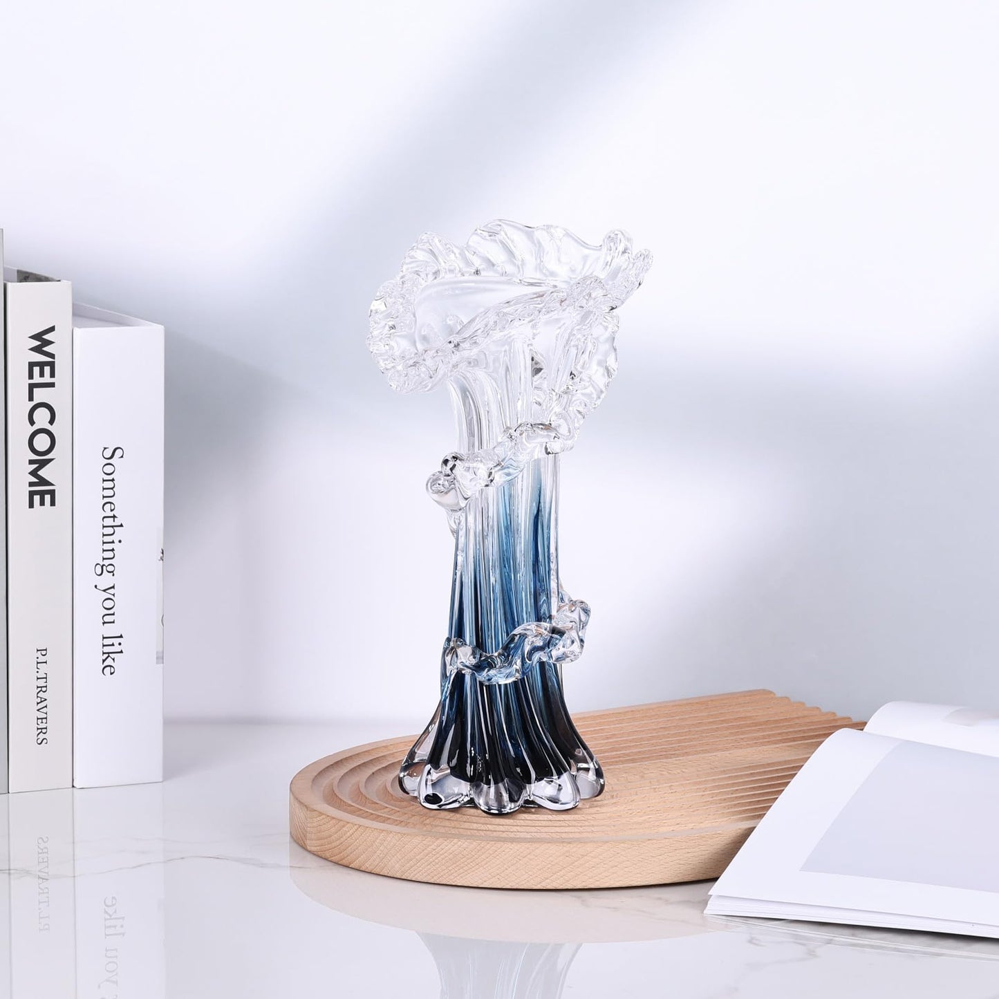 Hand Blown Blue Glass Vase, Unique Art Beautiful Ocean Glass Vase for Coastal Home Decor, Coffee Table, Living Room, Office Decor - 9.8" H (Medium)