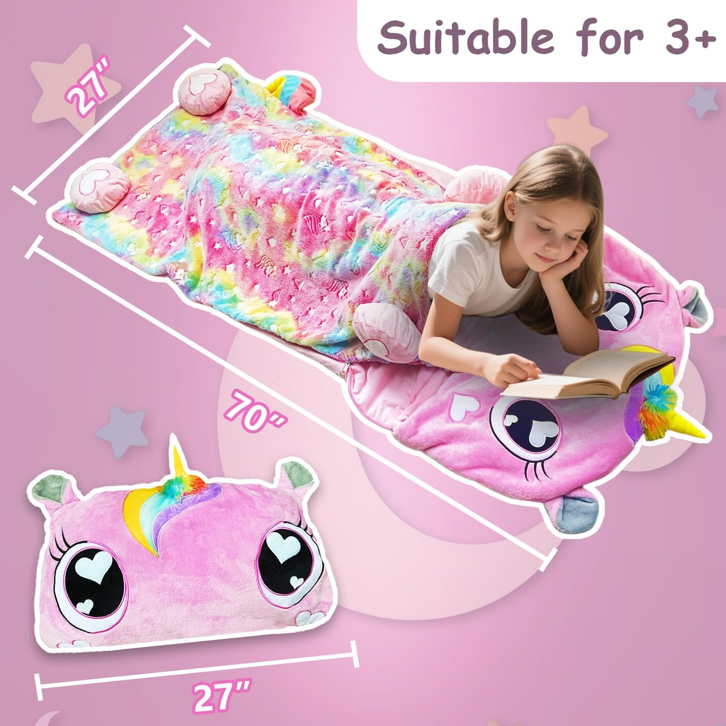Kids Sleeping Bag, Large Unicorn Slumber Bag for Girls Boys, Portable Nap Mat, Preschool Daycare Kindergarten Birthday Gift 3-12 Yr Child, Pink