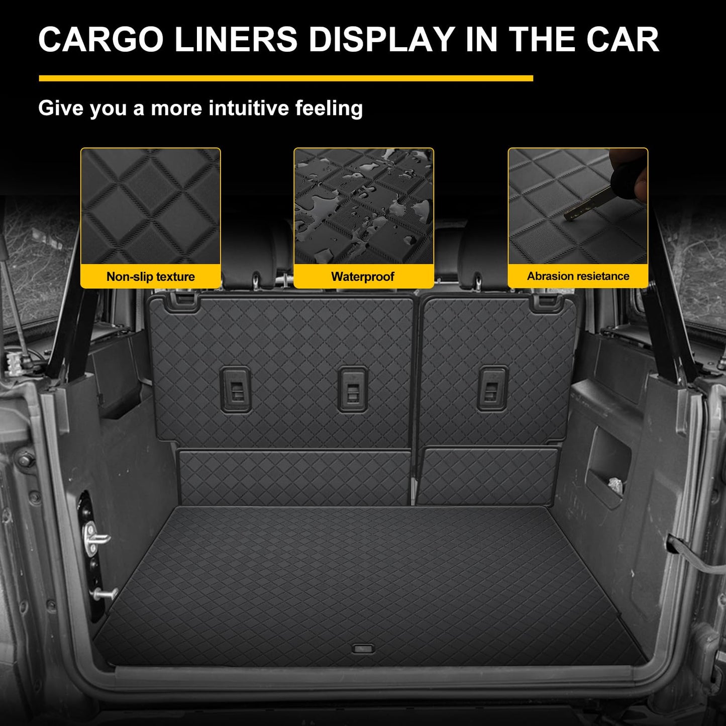 Trunk Liner & Backrest Mat for 2021-2025 Ford Bronco 4-Door (Not for Sport Model)- Custom Fit PU Leather Cargo Liner and Rear Backrest Protector - All Weather Waterproof Anti-Slip Car Mats