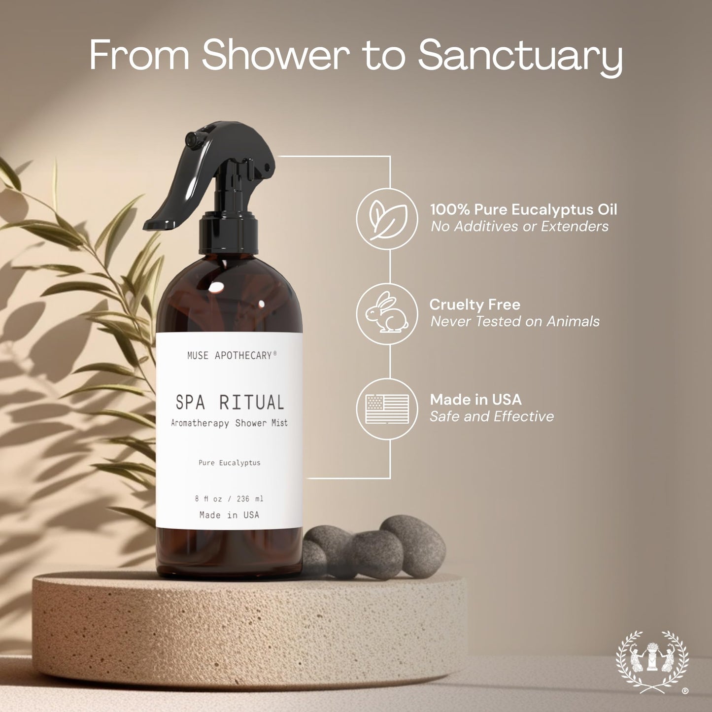 Muse Apothecary Spa Ritual Shower Mist Pure Eucalyptus Oil - Eucalyptus Spray for Shower, Bath & Linen - Spa & Shower Spray Aromatherapy - Eucalyptus Essential Oil Spray 8oz