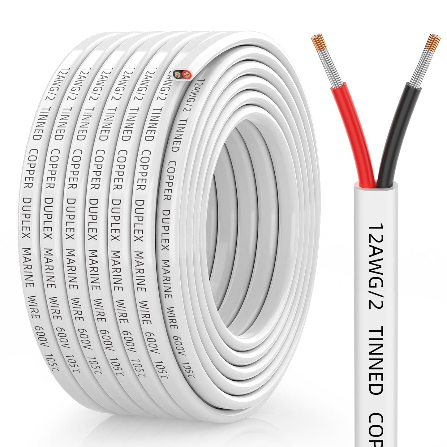 CONEPY 12 Gauge Marine Wire, 12/2 Duplex Marine Grade Cable, IP68 Waterproof/Oxygen-Free Tinned Copper Stranded PVC 12 AWG Wire for Boat, Automotive, RV, Solar, LED Strips (30FT/9M)