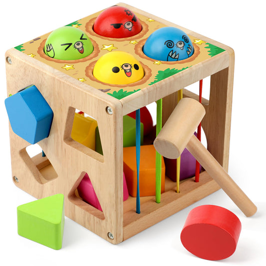 Coogam Wooden Montessori Toys for Toddlers, Shape Sorting Cube Whack Mole Fine Motor Skills Game for Boys Girls Gift