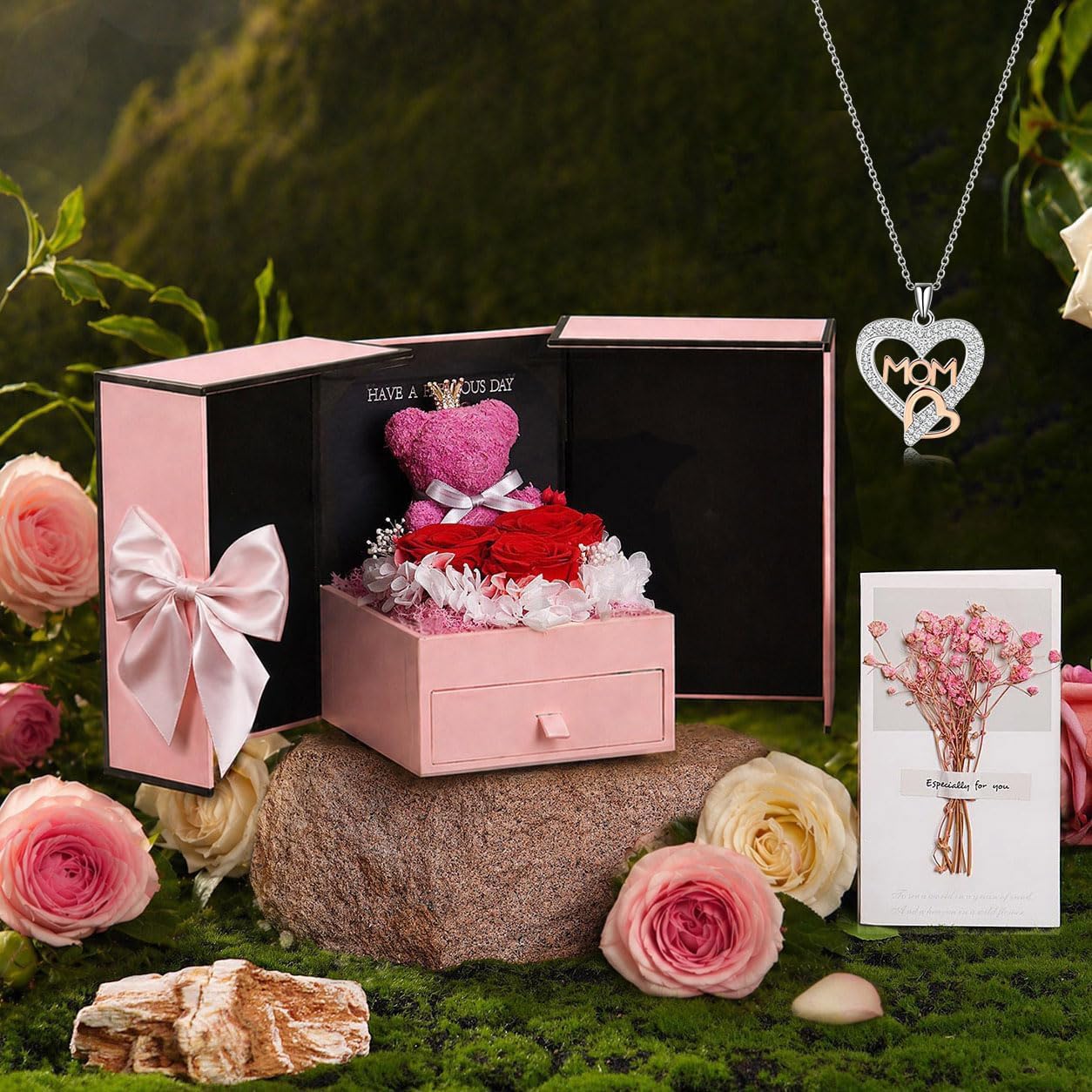 ADDWel Gifts for Mom Birthday Mothers Day - Real Preserved Rose Gift with 925 Sterling Silver Mom Necklace and Cute Teddy Bear, Timeless Elegant Gift from Husband Son or Daughter, Unique Moms Gifts