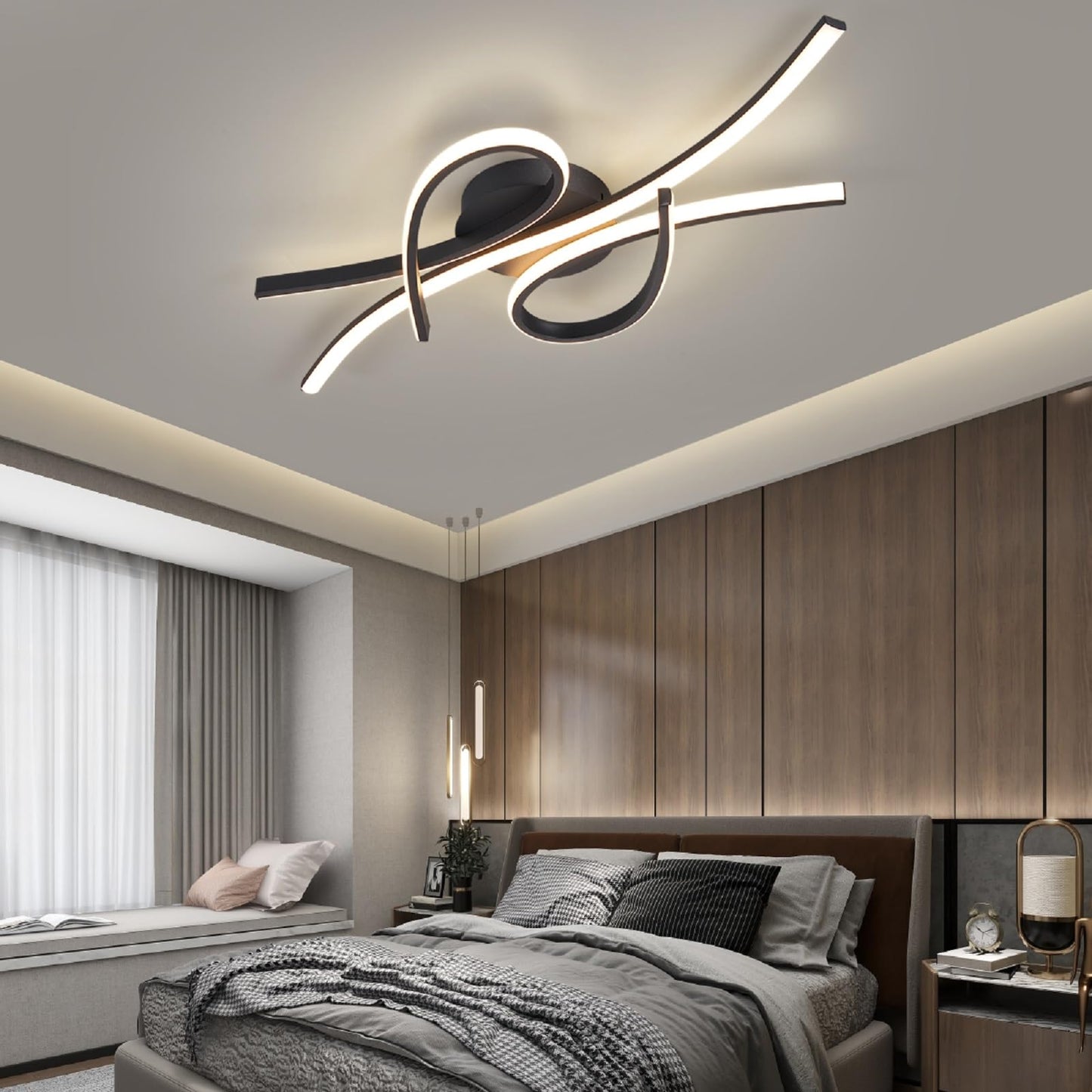 Modern LED Ceiling Light Fixture,40W 2600 Lumen ,Flush Mount Ceiling Chandelier,Ceiling Lamp for Kitchen Bedroom Study Living Room Office Dining Room,Dimming Remote Control (Matte Black-S)